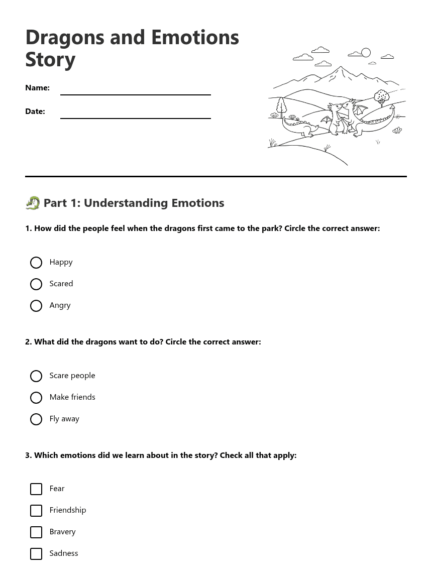 Dragons and Emotions Story worksheet preview