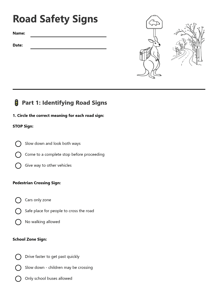 Road Safety Signs worksheet preview