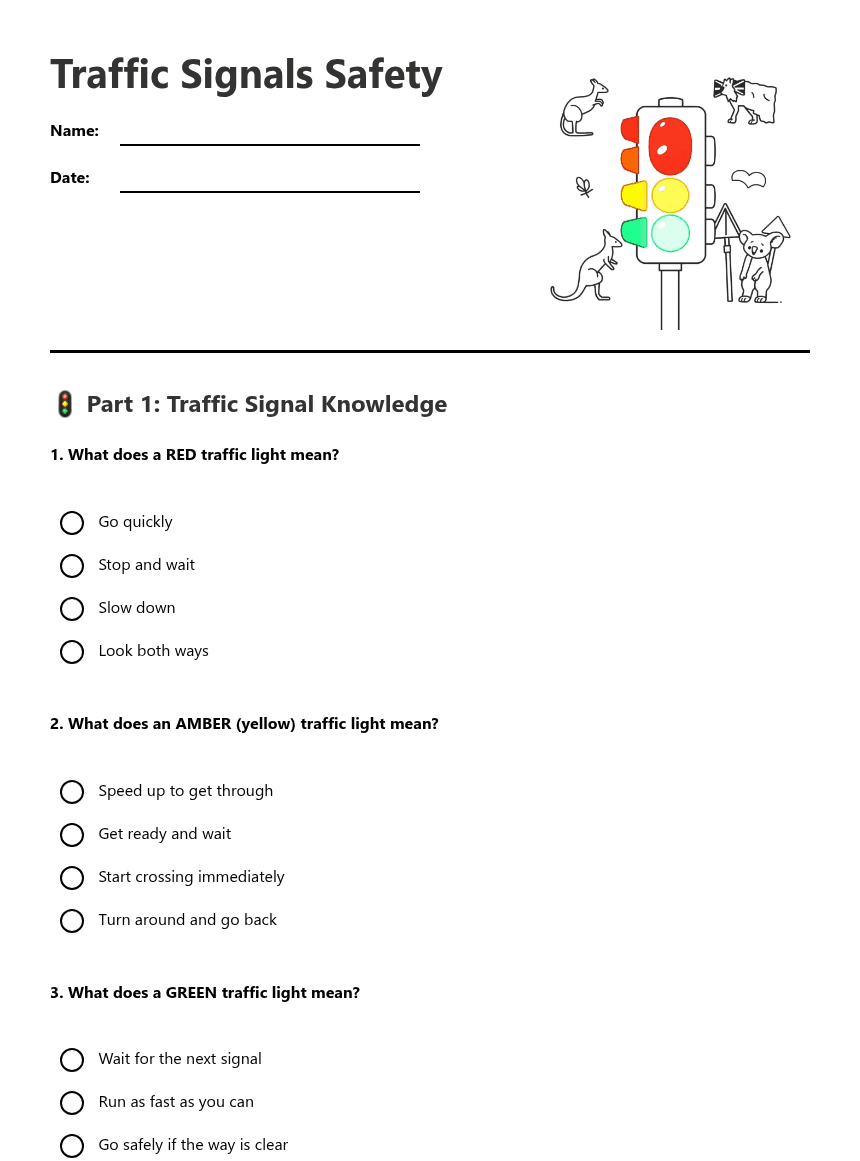 Traffic Signals Safety worksheet preview