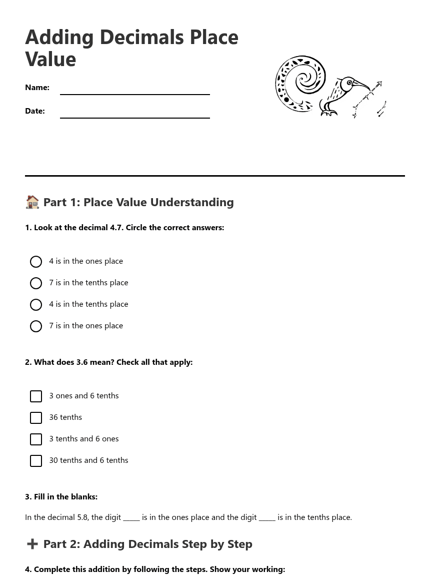 Adding Decimals Place Value worksheet preview