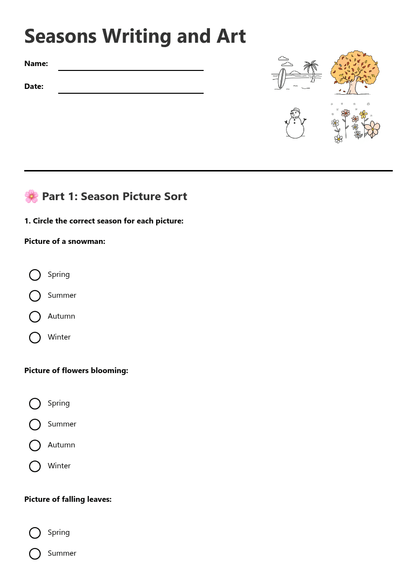 Seasons Writing and Art worksheet preview