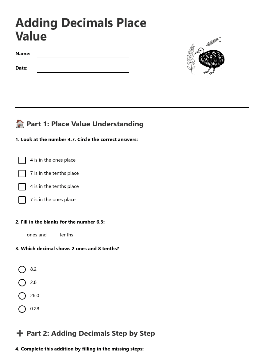 Adding Decimals Place Value worksheet preview