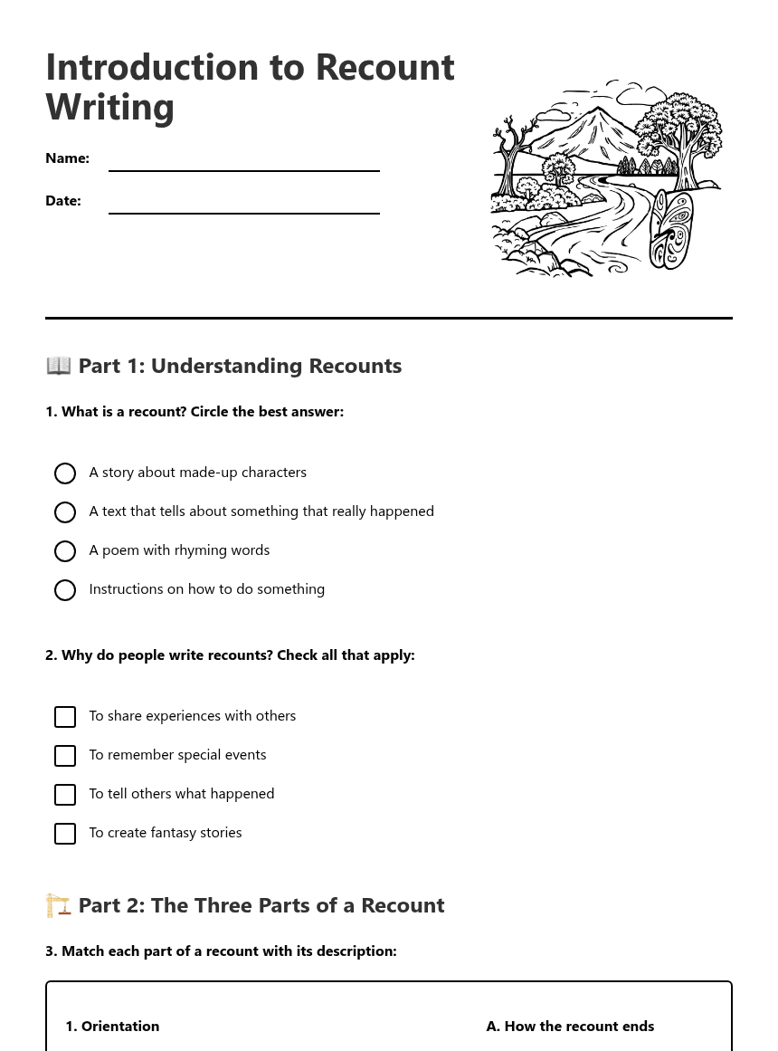 Introduction to Recount Writing worksheet preview