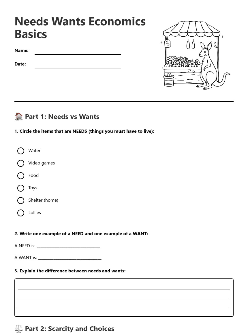 Needs Wants Economics Basics worksheet preview