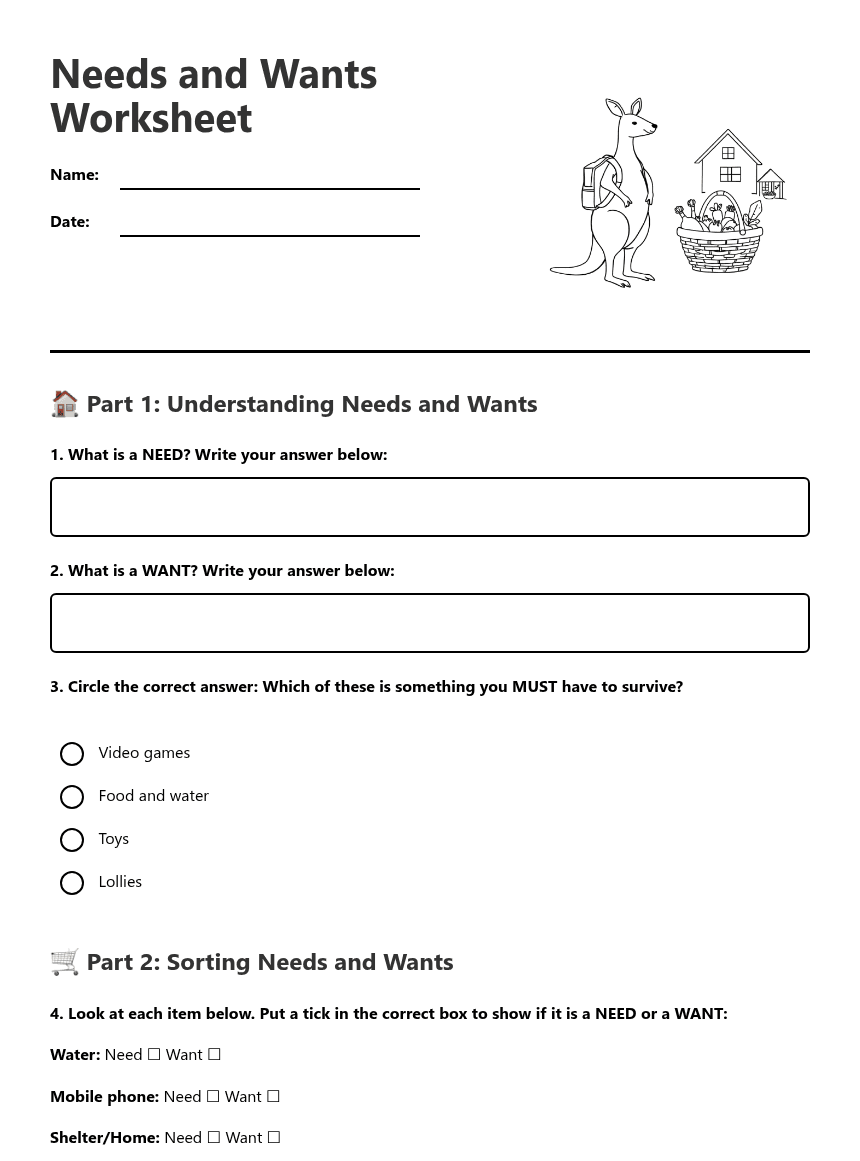 Needs and Wants Worksheet worksheet preview