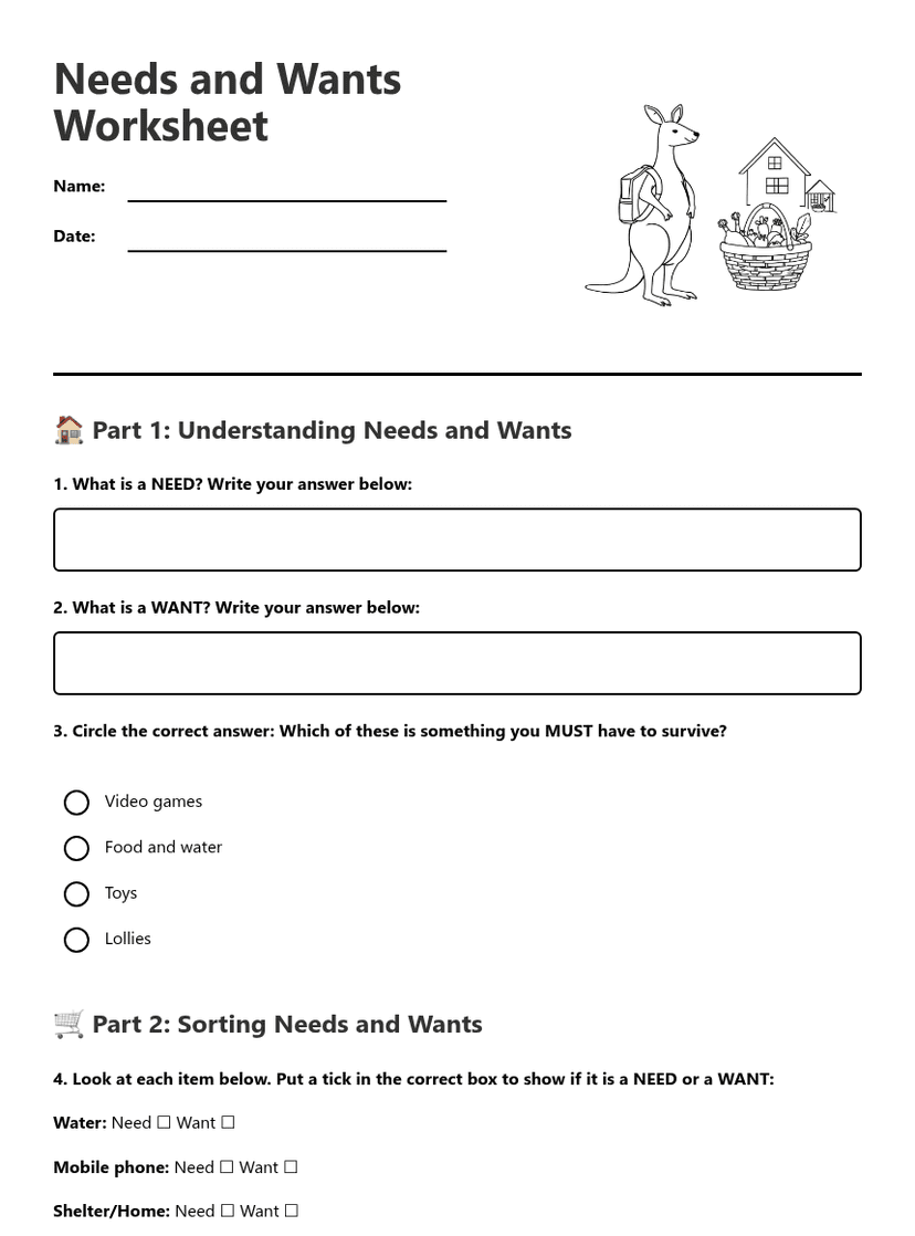 Needs and Wants Worksheet