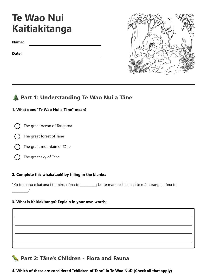 Te Wao Nui Kaitiakitanga worksheet preview