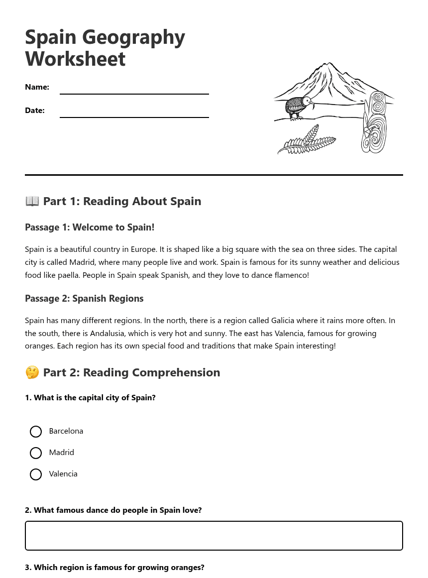 Spain Geography Worksheet worksheet preview