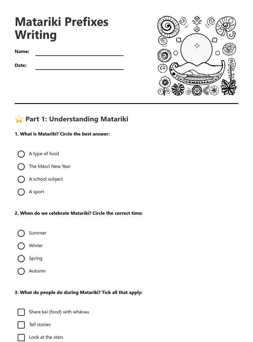Matariki Prefixes Writing worksheet preview