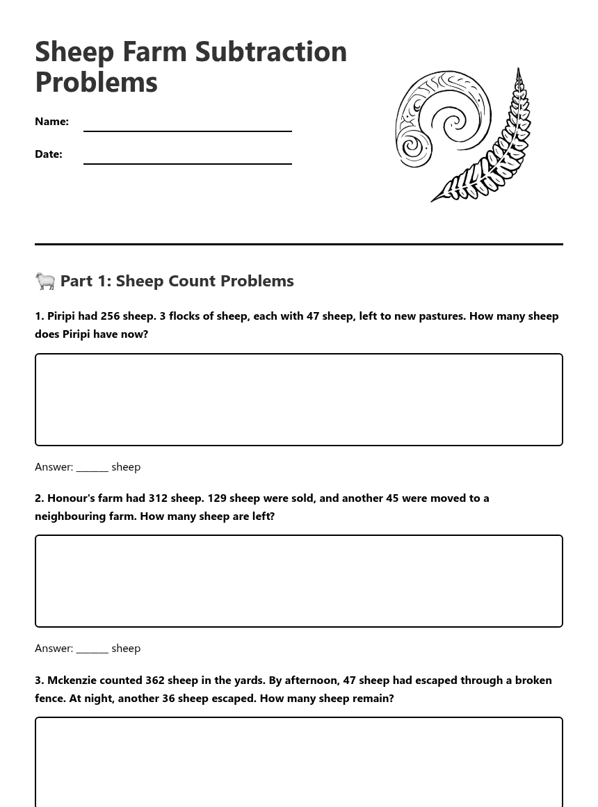 Sheep Farm Subtraction Problems worksheet preview