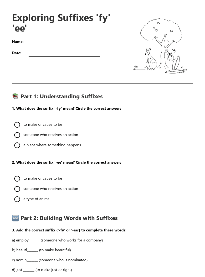 Exploring Suffixes 'fy' 'ee' worksheet preview