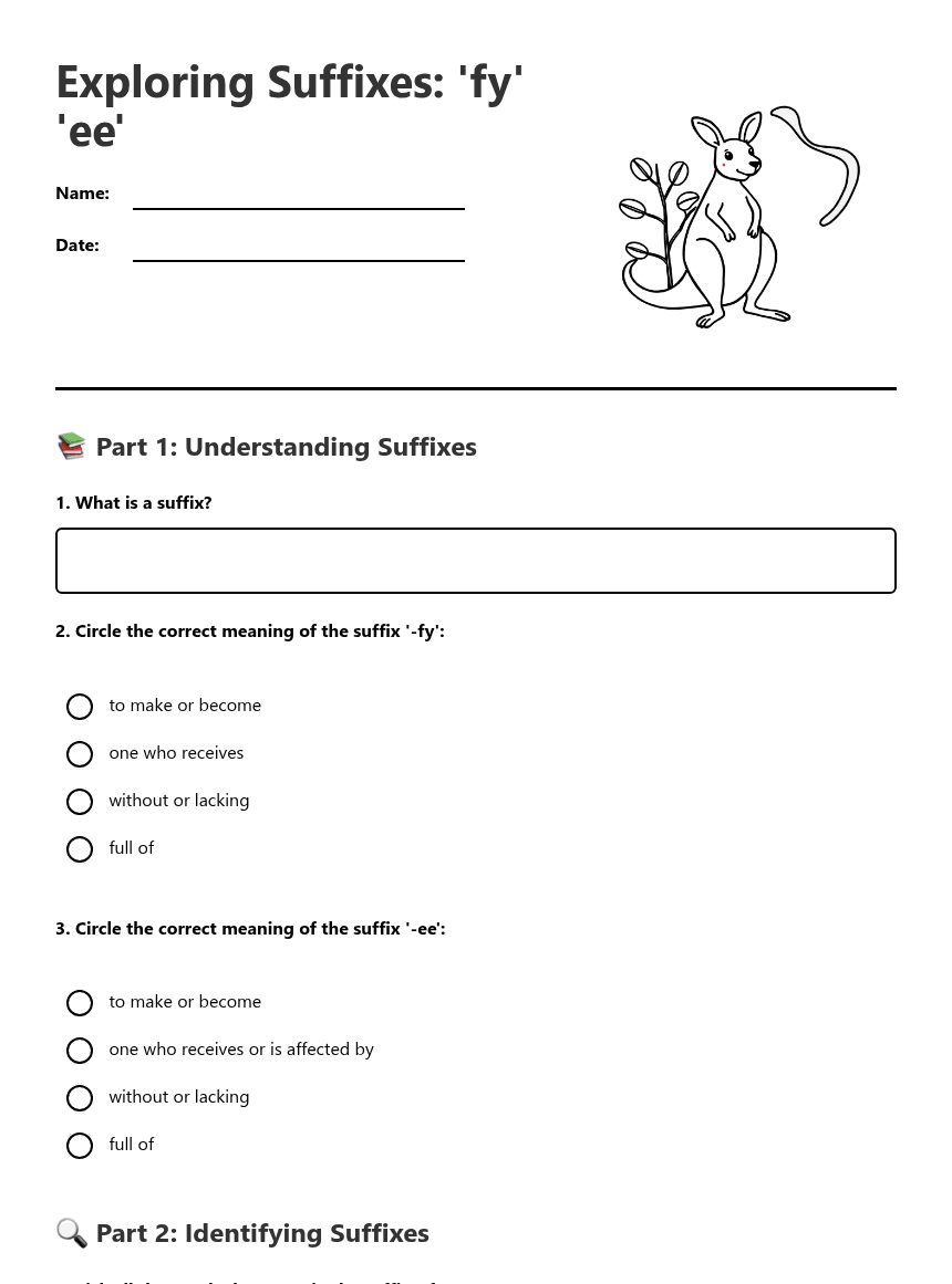 Exploring Suffixes: 'fy' 'ee' worksheet preview