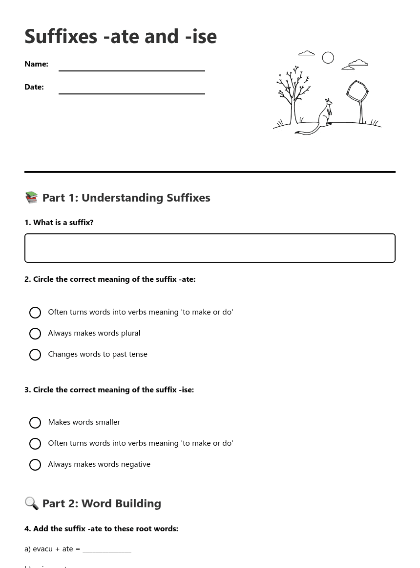 Suffixes -ate and -ise worksheet preview