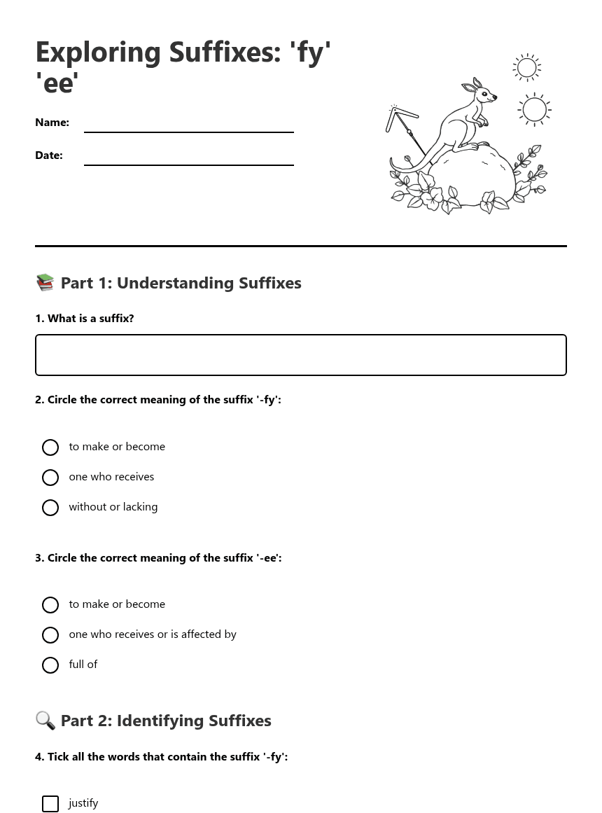 Exploring Suffixes: 'fy' 'ee' worksheet preview