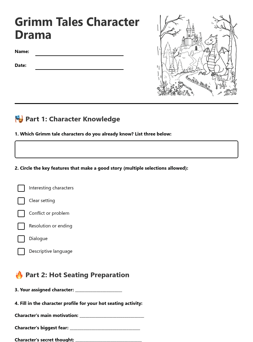 Grimm Tales Character Drama worksheet preview