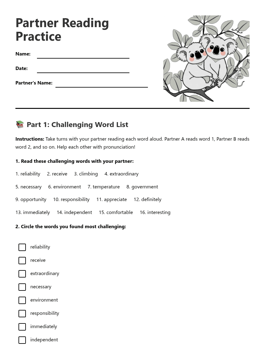 Partner Reading Practice worksheet preview