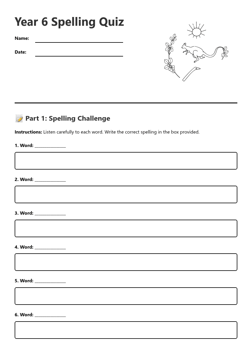 Year 6 Spelling Quiz worksheet preview