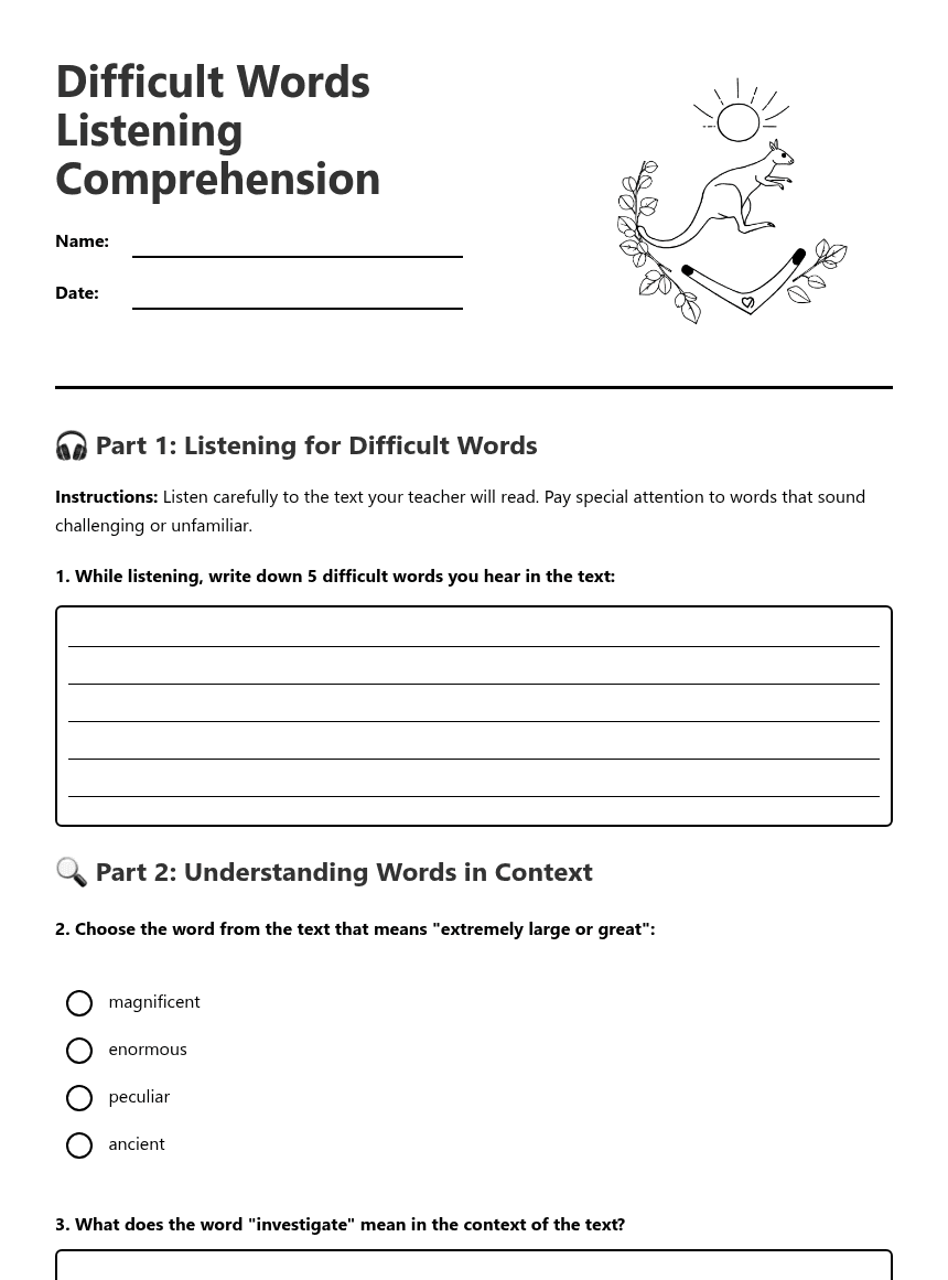 Difficult Words Listening Comprehension worksheet preview