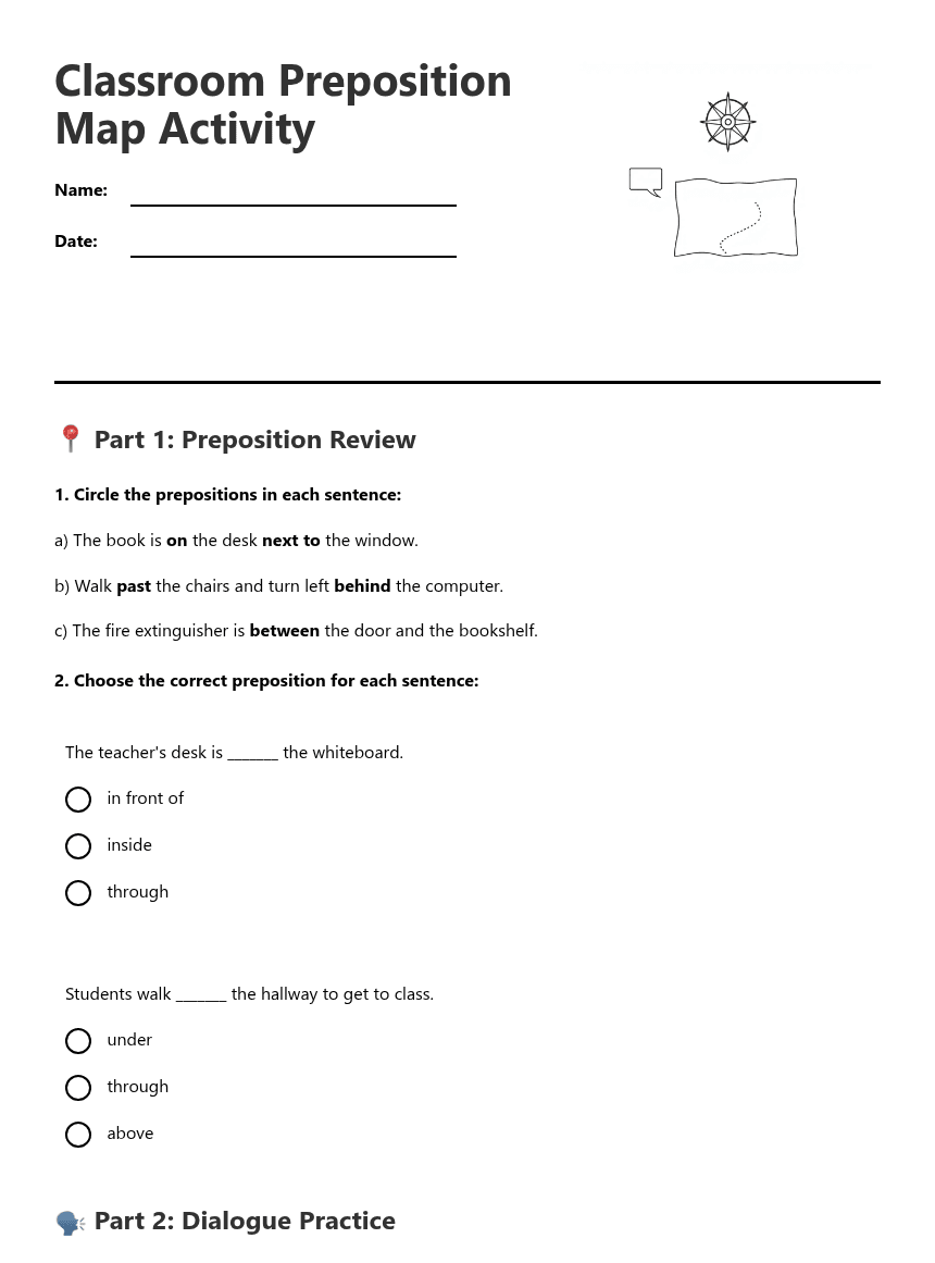 Classroom Preposition Map Activity worksheet preview
