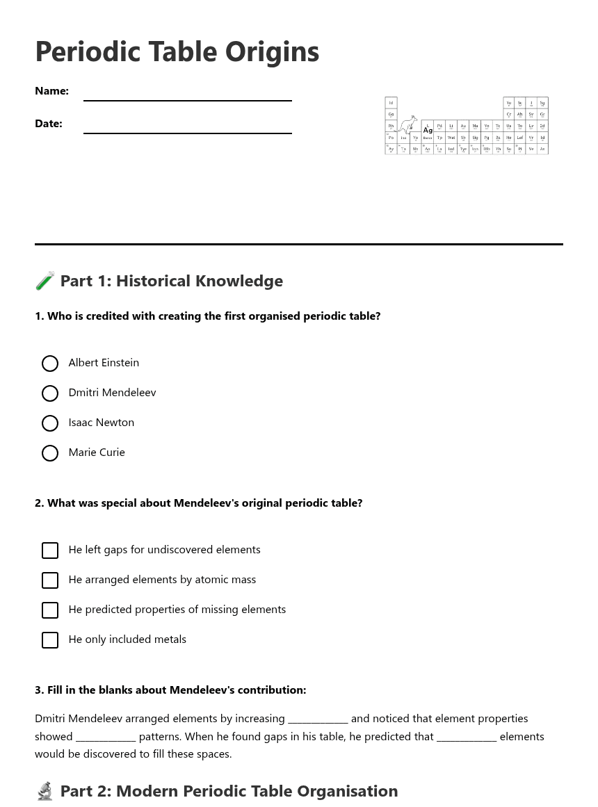 Periodic Table Origins worksheet preview