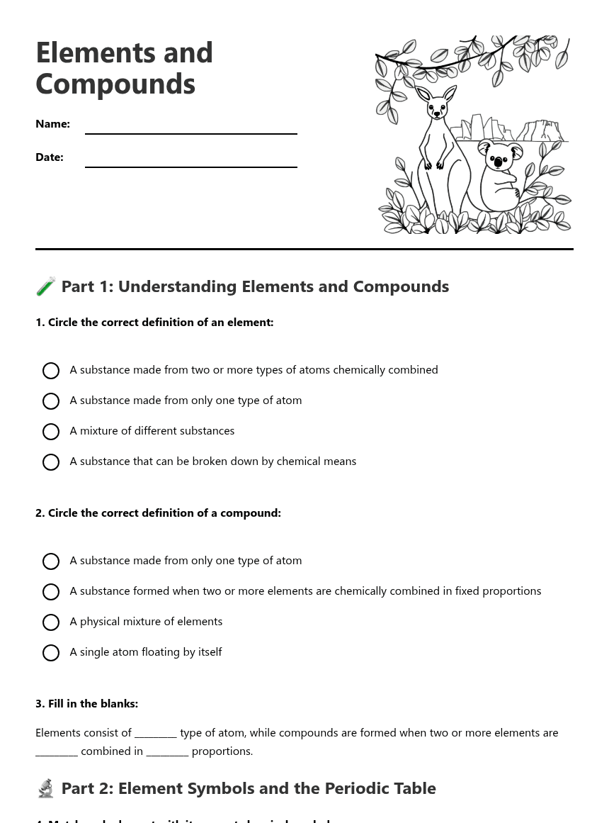 Elements and Compounds worksheet preview