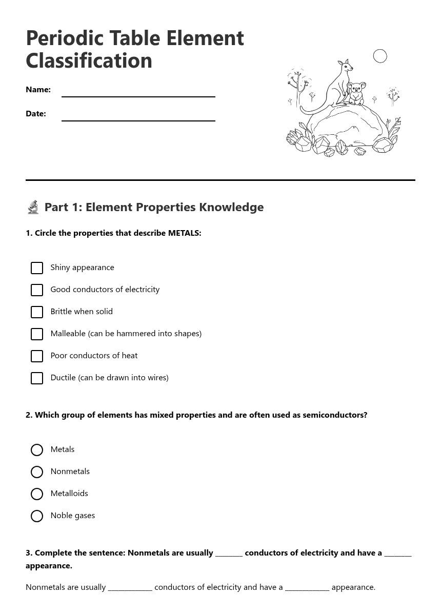 Periodic Table Element Classification worksheet preview