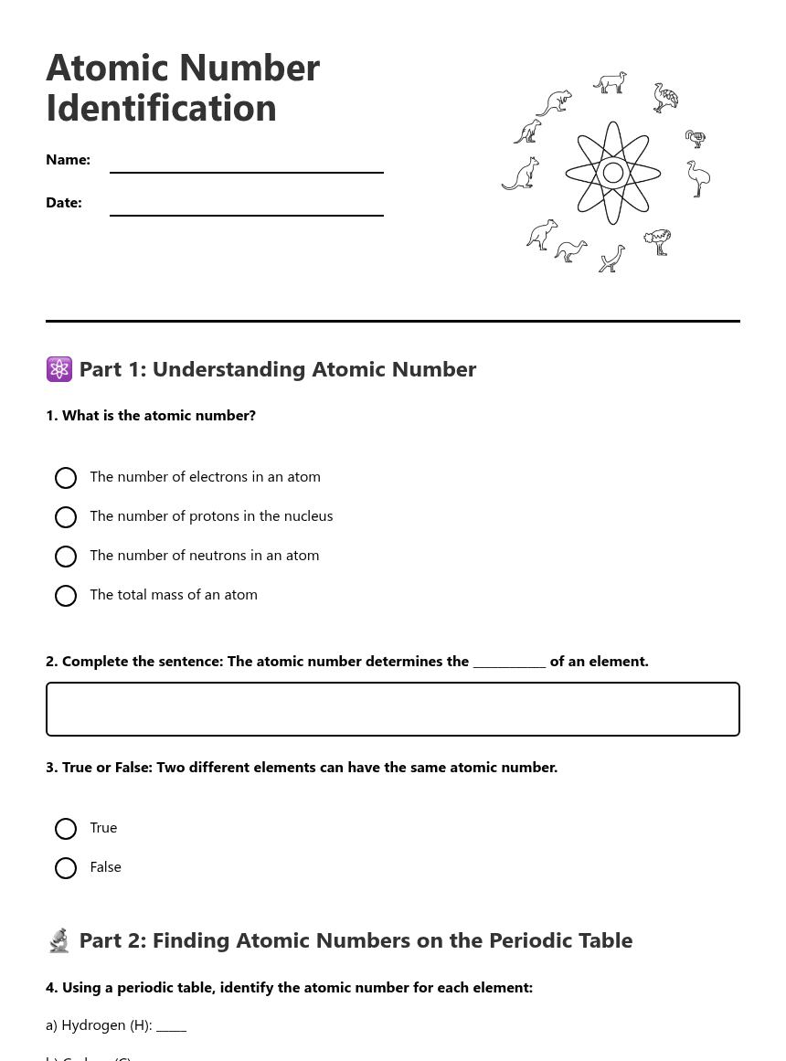 Atomic Number Identification worksheet preview