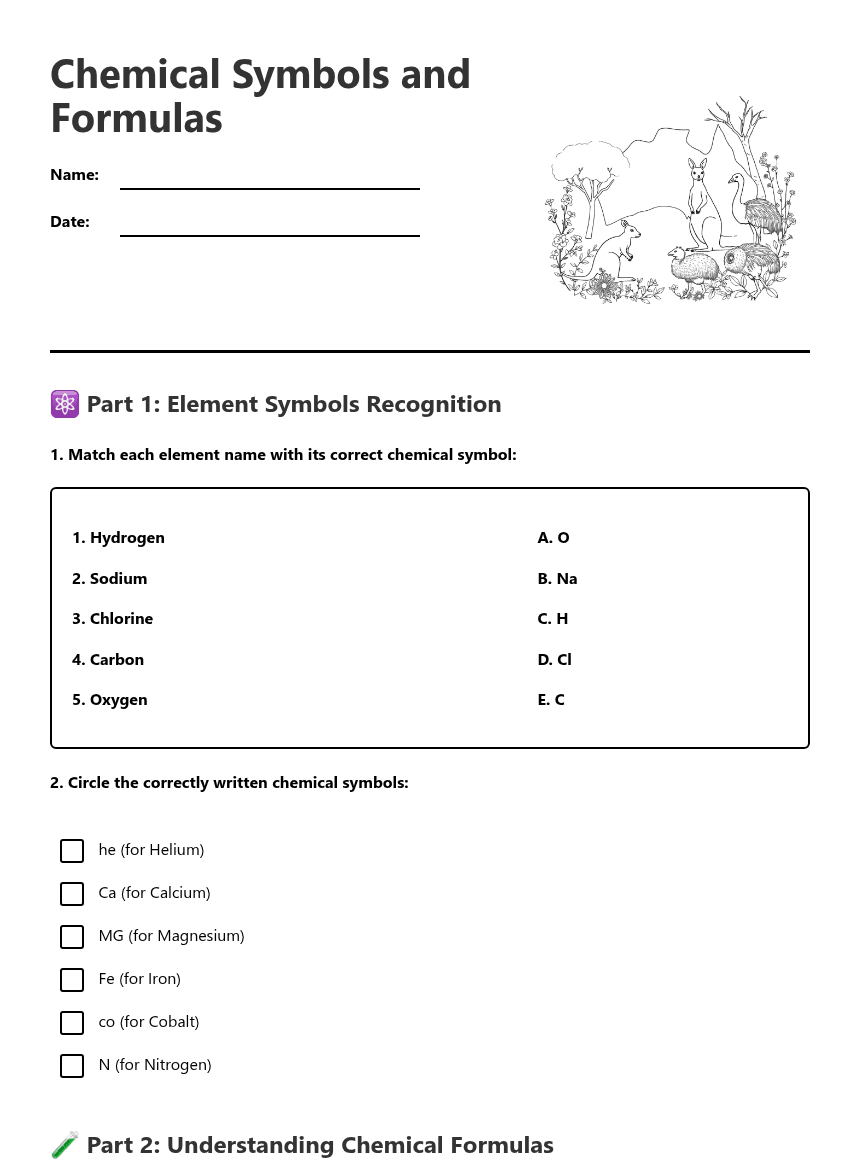 Chemical Symbols and Formulas worksheet preview
