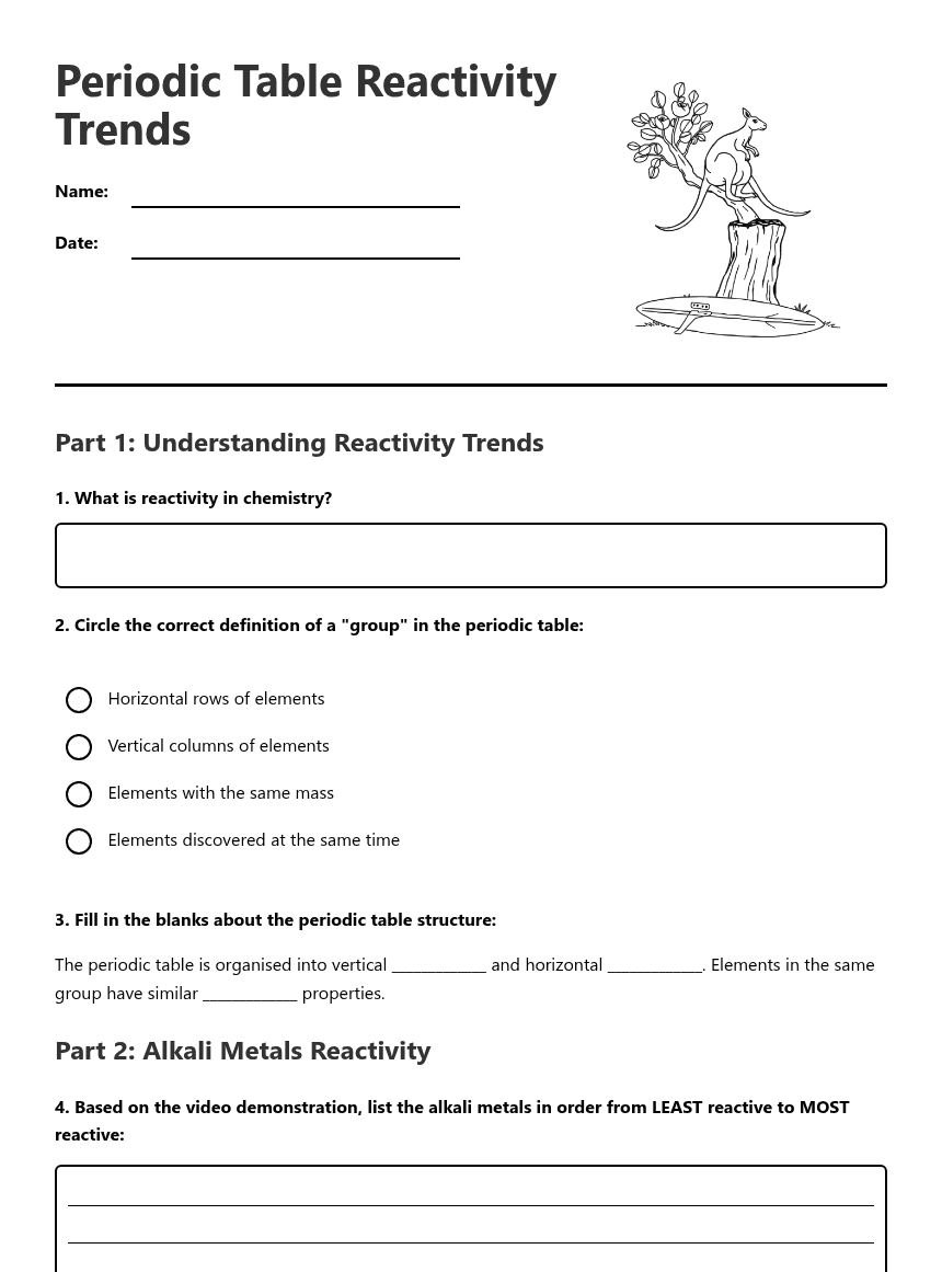 Periodic Table Reactivity Trends worksheet preview
