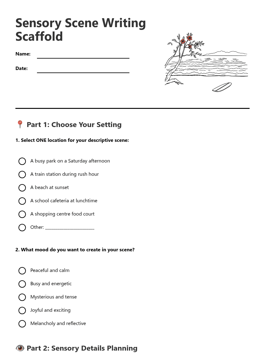 Sensory Scene Writing Scaffold worksheet preview