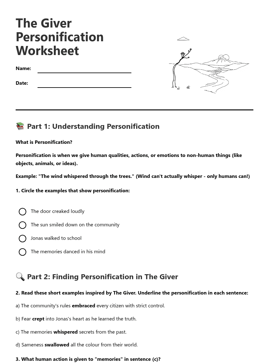The Giver Personification Worksheet worksheet preview