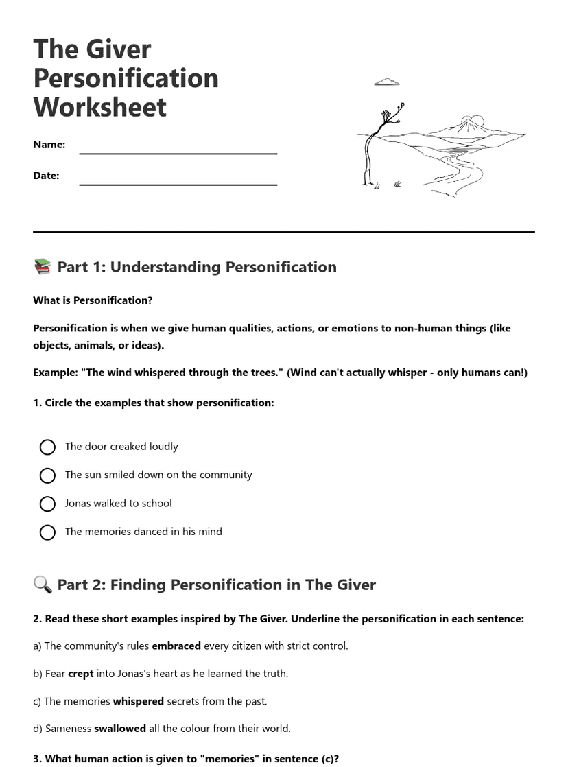 The Giver Personification Worksheet