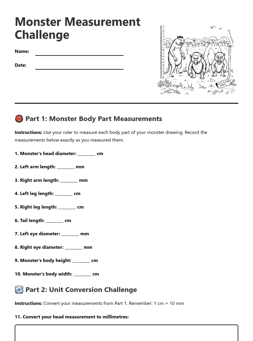 Monster Measurement Challenge worksheet preview
