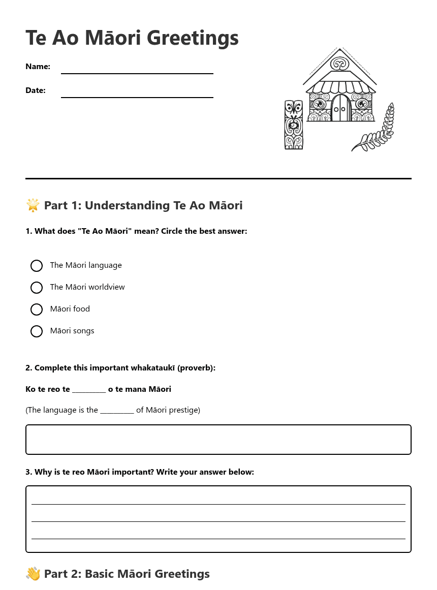 Te Ao Māori Greetings worksheet preview