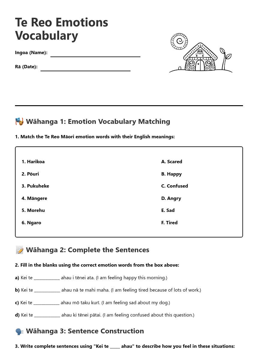 Te Reo Emotions Vocabulary worksheet preview