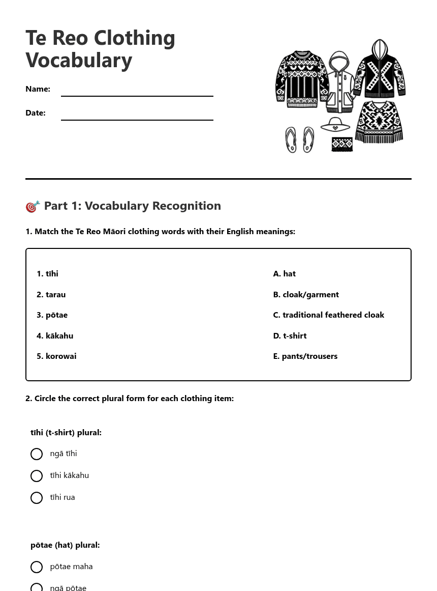 Te Reo Clothing Vocabulary worksheet preview