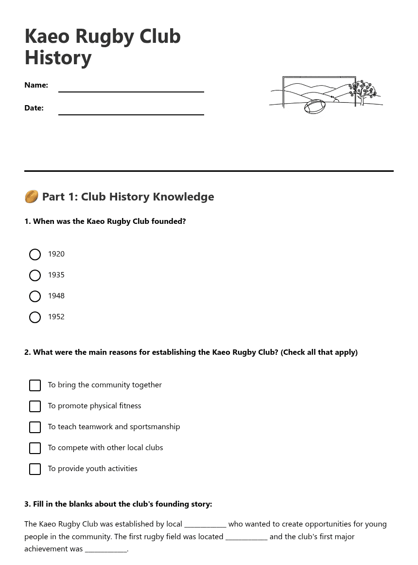 Kaeo Rugby Club History worksheet preview