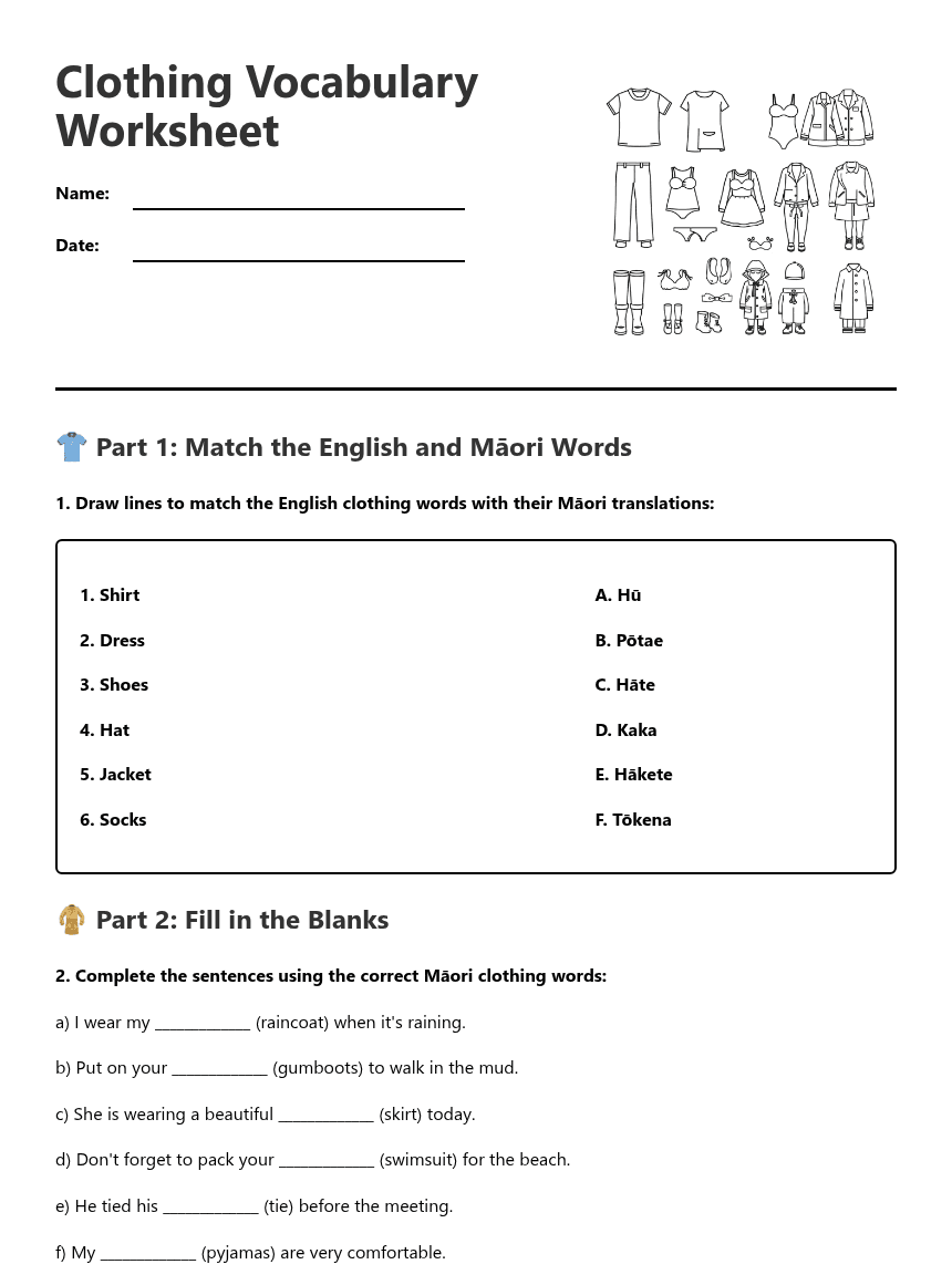 Clothing Vocabulary Worksheet worksheet preview