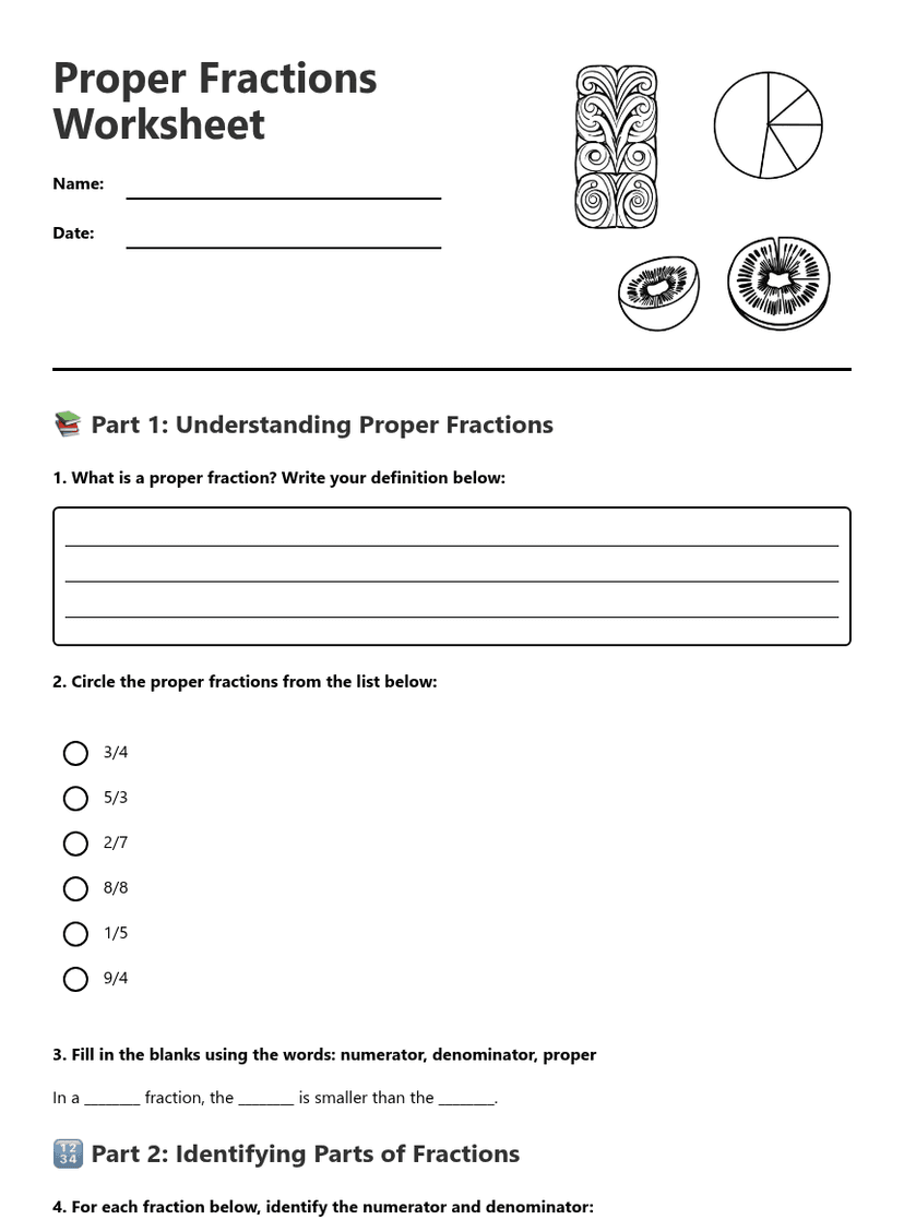 Proper Fractions Worksheet