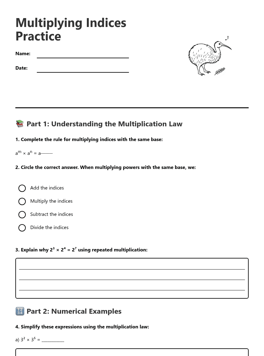 Multiplying Indices Practice worksheet preview