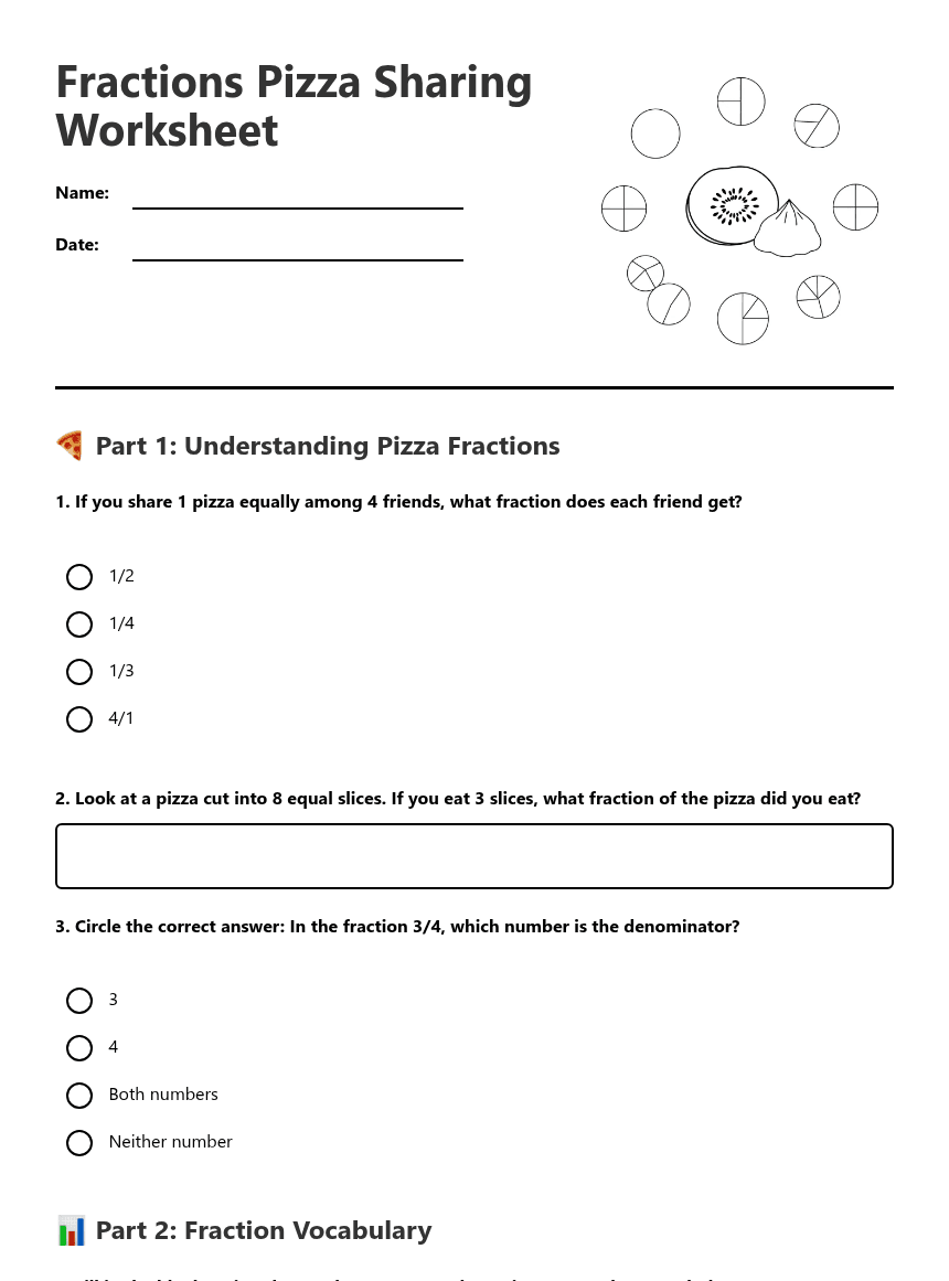 Fractions Pizza Sharing Worksheet worksheet preview