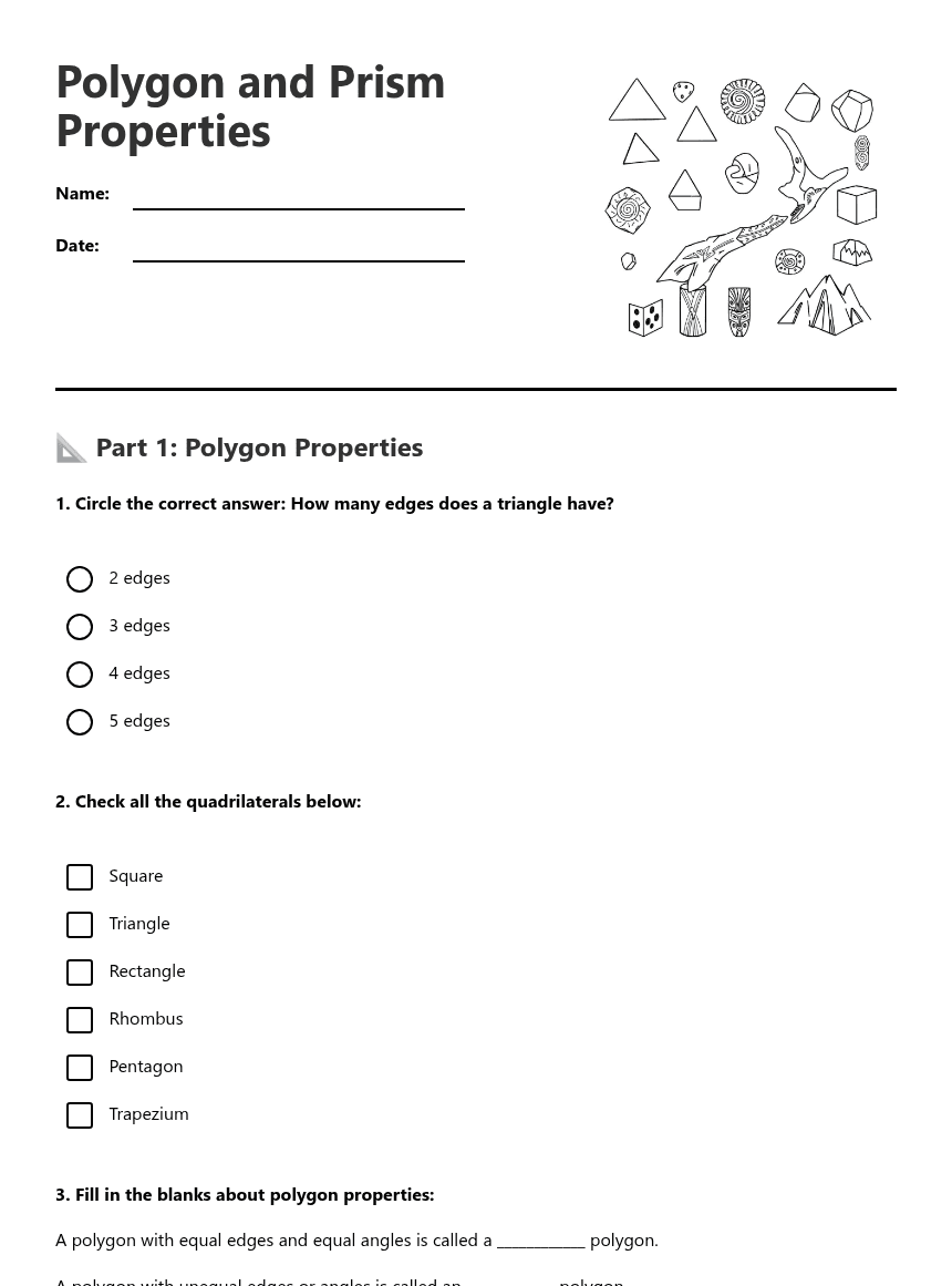 Polygon and Prism Properties worksheet preview