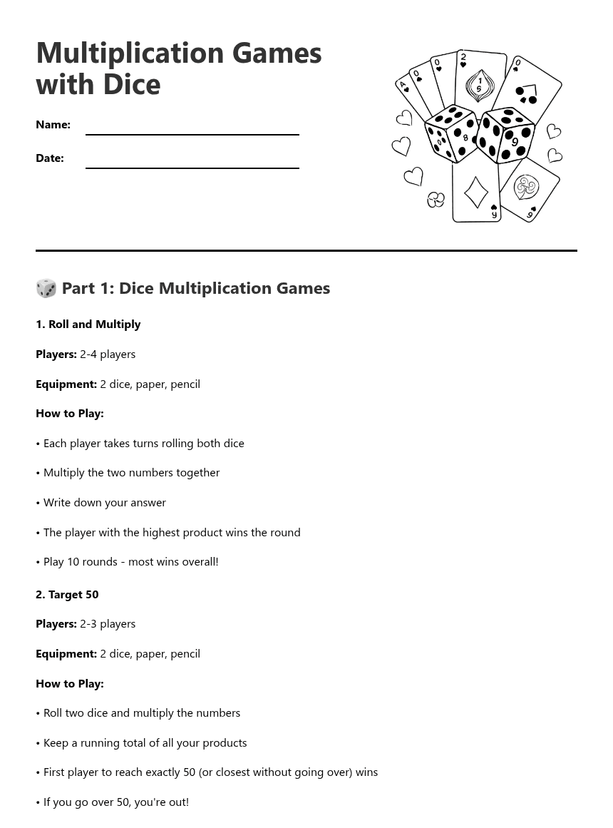 Multiplication Games with Dice worksheet preview