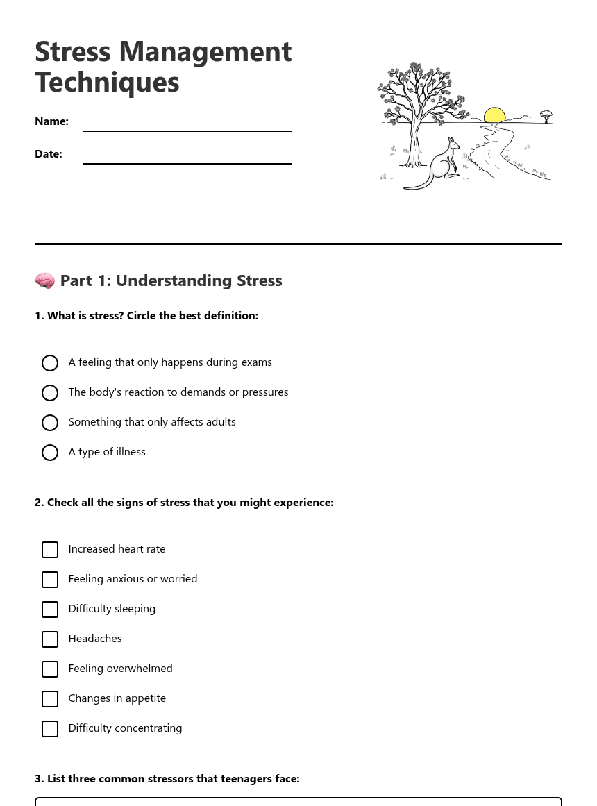 Stress Management Techniques worksheet preview