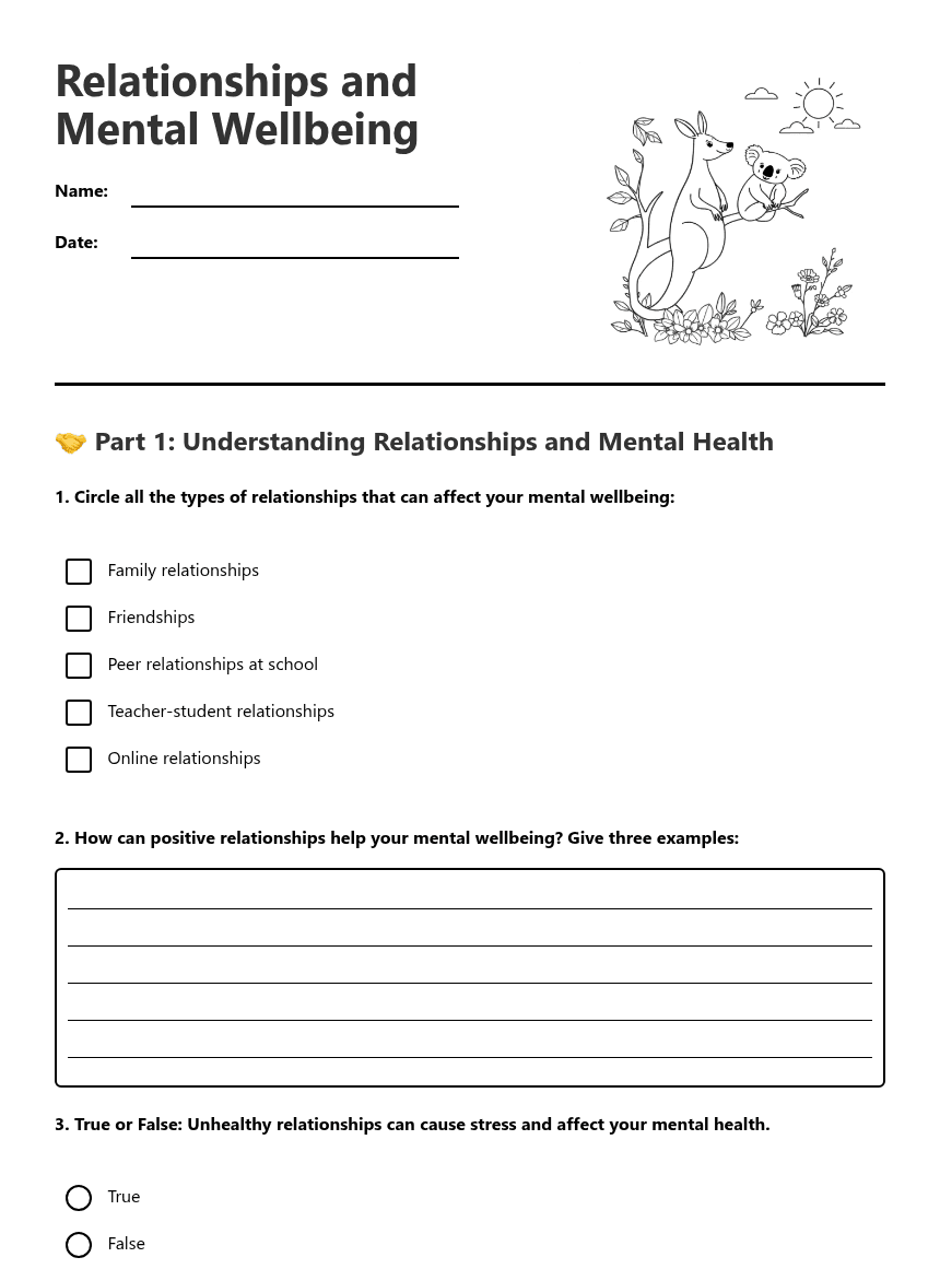 Relationships and Mental Wellbeing worksheet preview