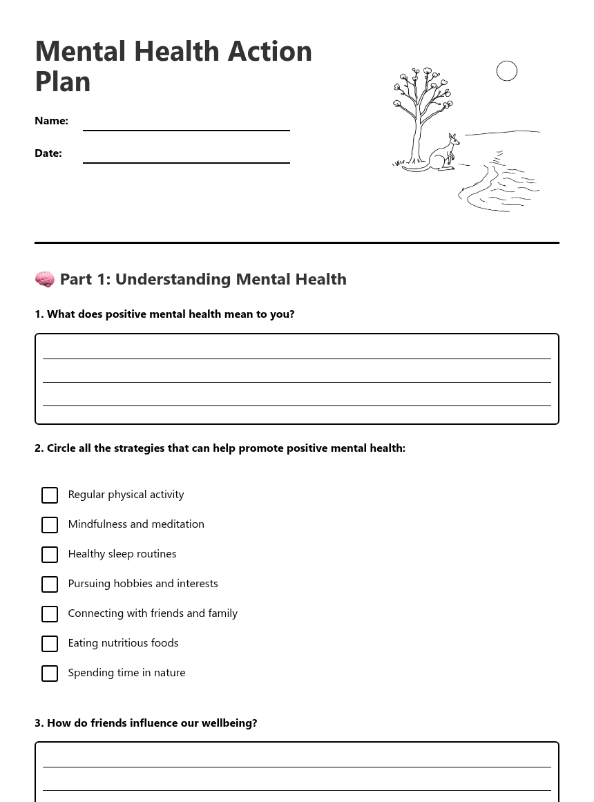 Mental Health Action Plan worksheet preview