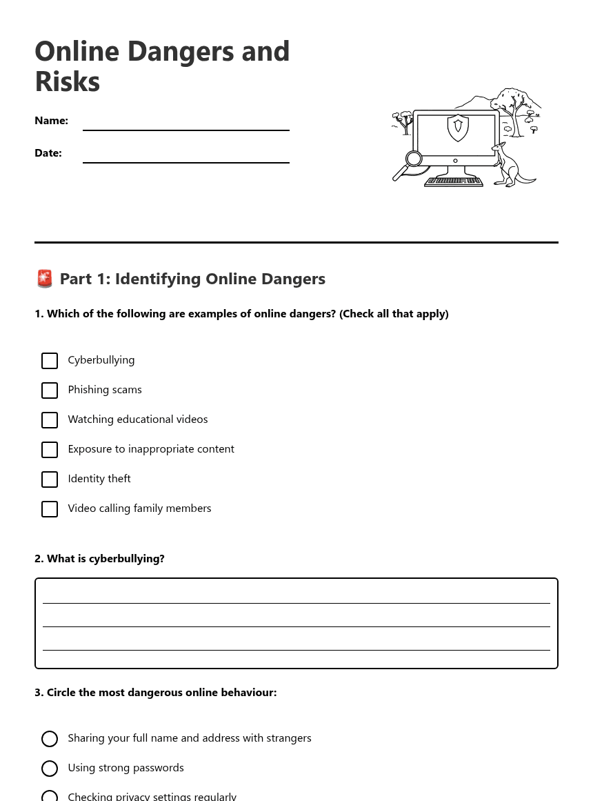 Online Dangers and Risks worksheet preview