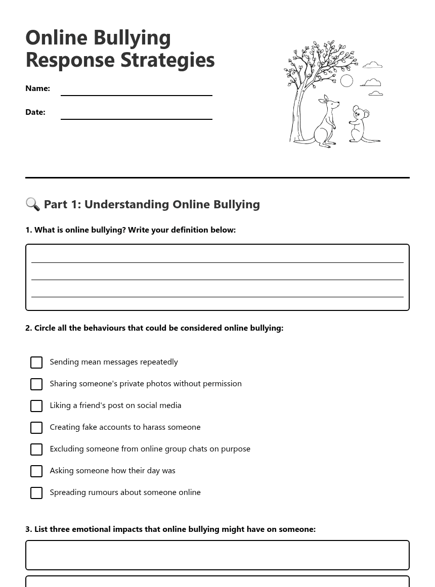 Online Bullying Response Strategies worksheet preview
