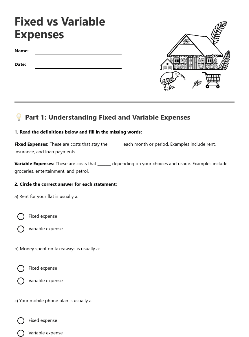 Fixed vs Variable Expenses worksheet preview