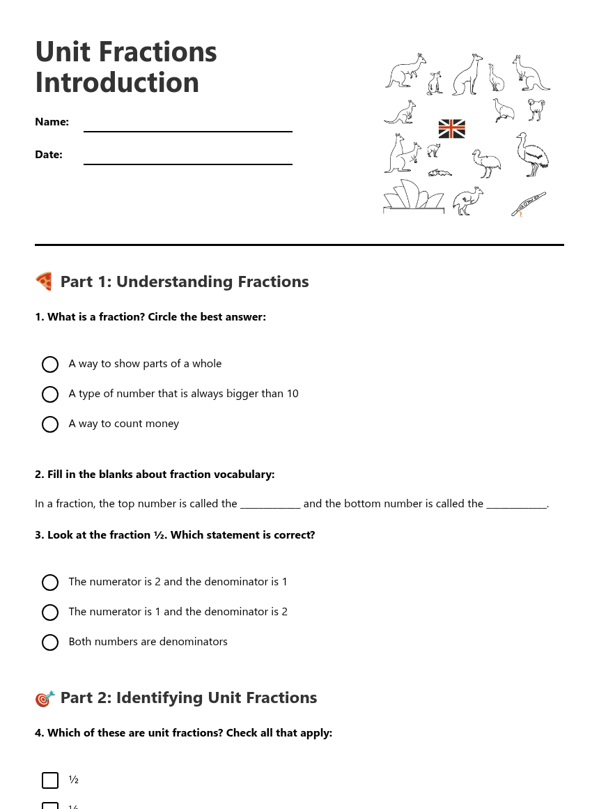Unit Fractions Introduction worksheet preview